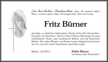 Traueranzeige von Fritz Bürner von Pegnitz-Zeitung